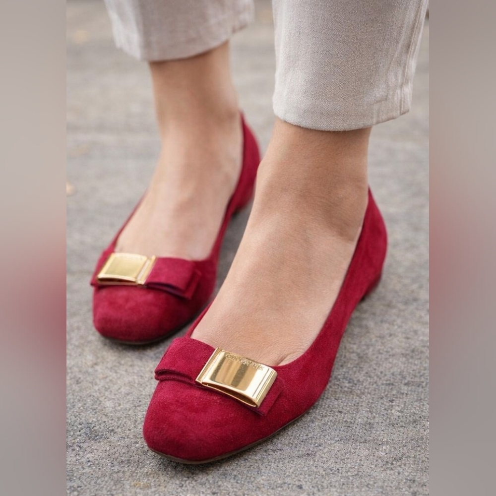 Vince Camuto Red Suede Bow Flats with Gold Accent